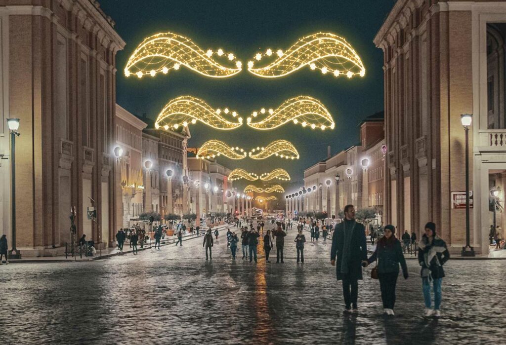 allestimento di una strada con luminarie luminose colore bianco caldo