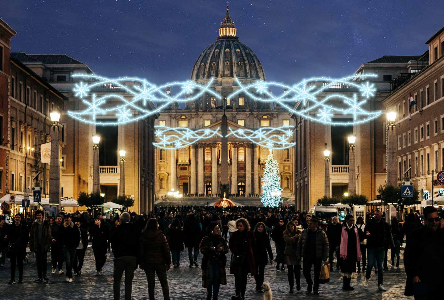 Immagine di una piazza con soggetti natalizi luminosi a forma di Rami