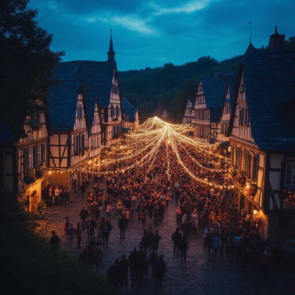 Festa di paese con gente in piazza e filari di luce