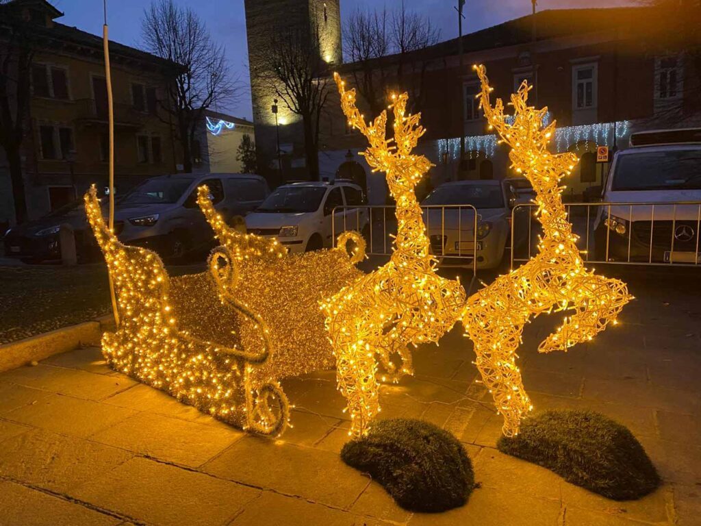 immagine di due renne e una slitta luminosa di natale